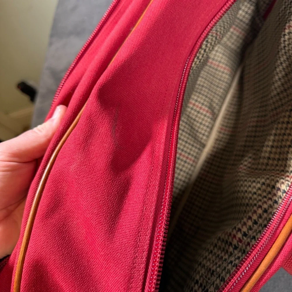 Lands End Red Canvas Duffle Bag Leather Trim Travel Carry On Weekender Luggage